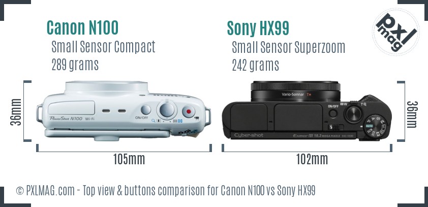 Canon N100 vs Sony HX99 top view buttons comparison