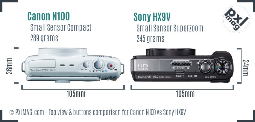 Canon N100 vs Sony HX9V top view buttons comparison