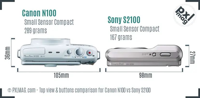 Canon N100 vs Sony S2100 top view buttons comparison