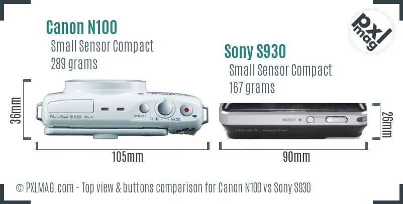 Canon N100 vs Sony S930 top view buttons comparison