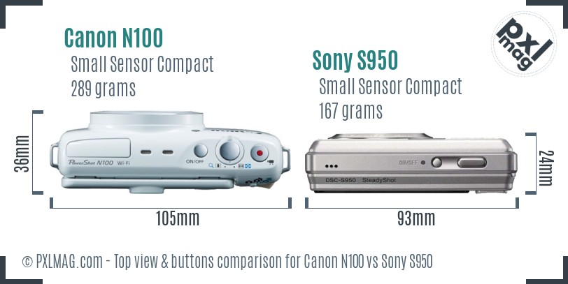 Canon N100 vs Sony S950 top view buttons comparison