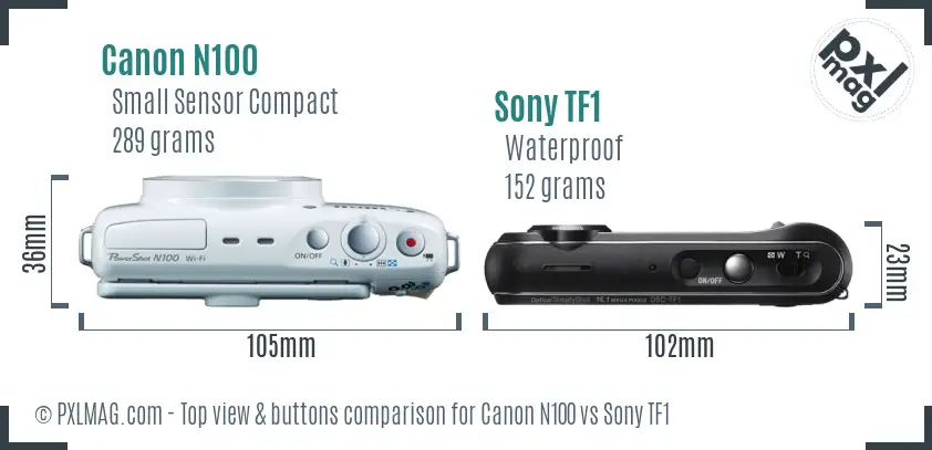 Canon N100 vs Sony TF1 top view buttons comparison Canon N100 vs Sony TF1 top view buttons comparison