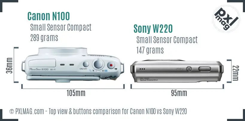 Canon N100 vs Sony W220 top view buttons comparison