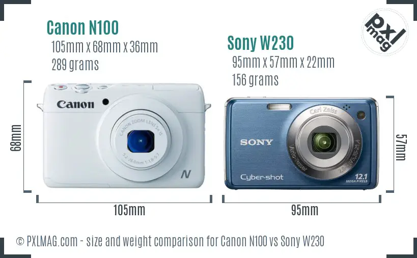 Canon N100 vs Sony W230 size comparison