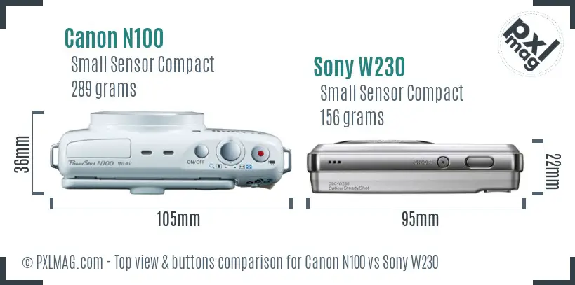 Canon N100 vs Sony W230 top view buttons comparison