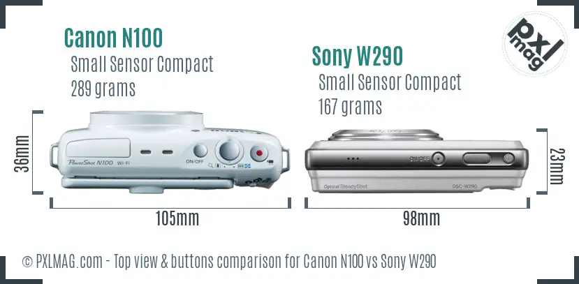 Canon N100 vs Sony W290 top view buttons comparison