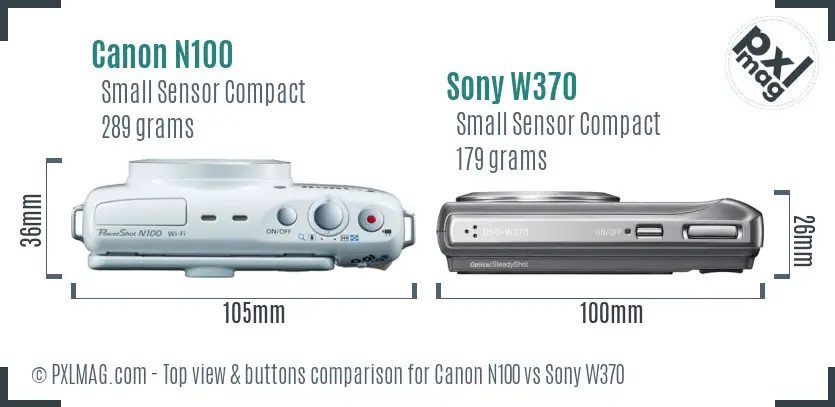 Canon N100 vs Sony W370 top view buttons comparison Canon N100 vs Sony W370 top view buttons comparison