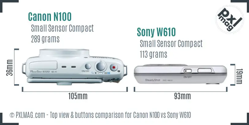 Canon N100 vs Sony W610 top view buttons comparison