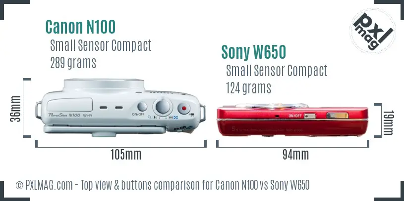 Canon N100 vs Sony W650 top view buttons comparison Canon N100 vs Sony W650 top view buttons comparison