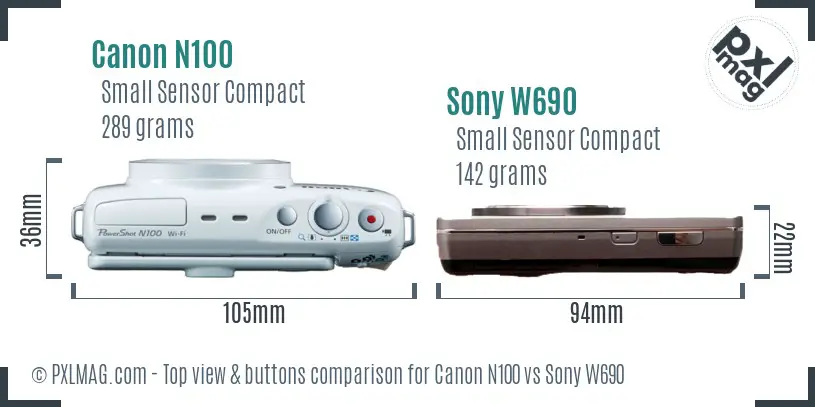 Canon N100 vs Sony W690 top view buttons comparison
