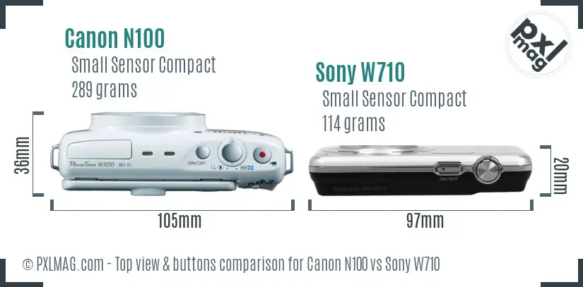 Canon N100 vs Sony W710 top view buttons comparison