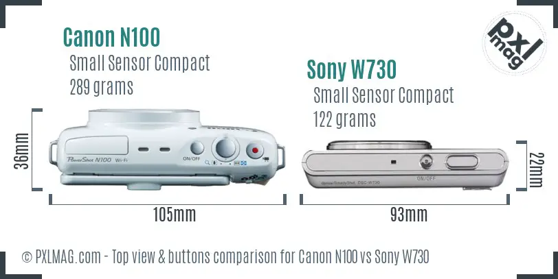 Canon N100 vs Sony W730 top view buttons comparison