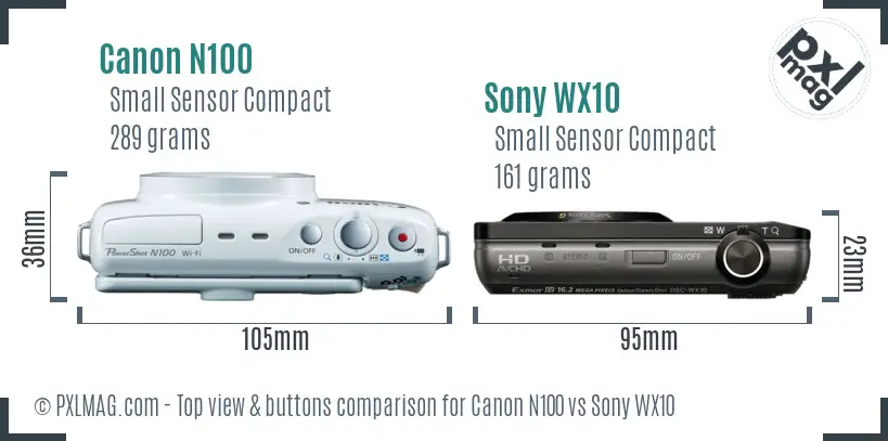 Canon N100 vs Sony WX10 top view buttons comparison