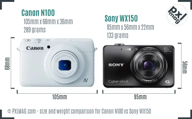 Canon N100 vs Sony WX150 size comparison
