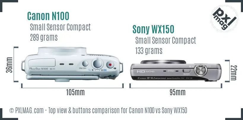 Canon N100 vs Sony WX150 top view buttons comparison