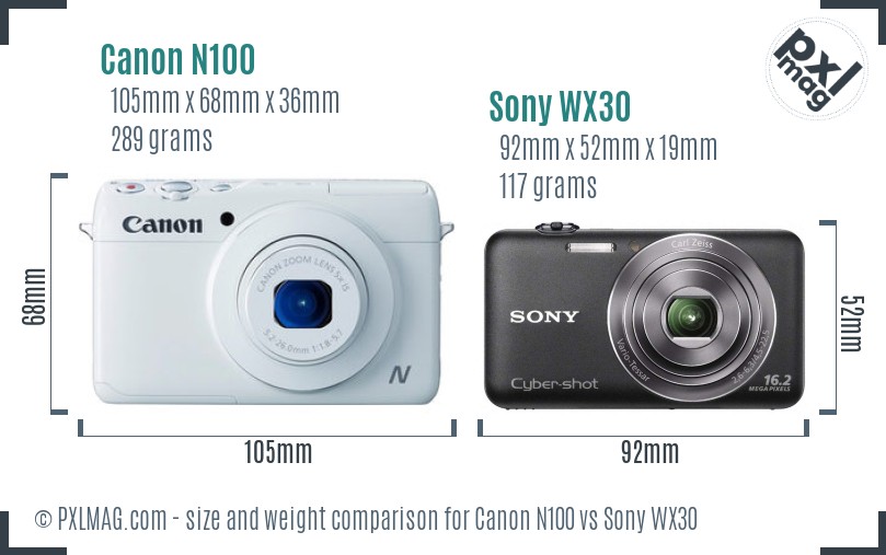 Canon N100 vs Sony WX30 size comparison