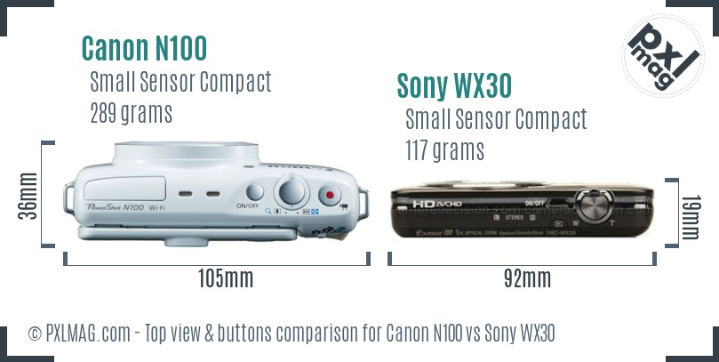 Canon N100 vs Sony WX30 top view buttons comparison