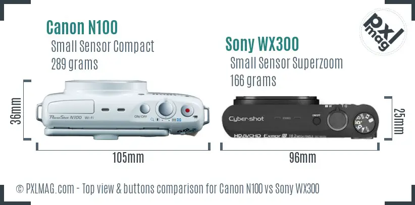Canon N100 vs Sony WX300 top view buttons comparison