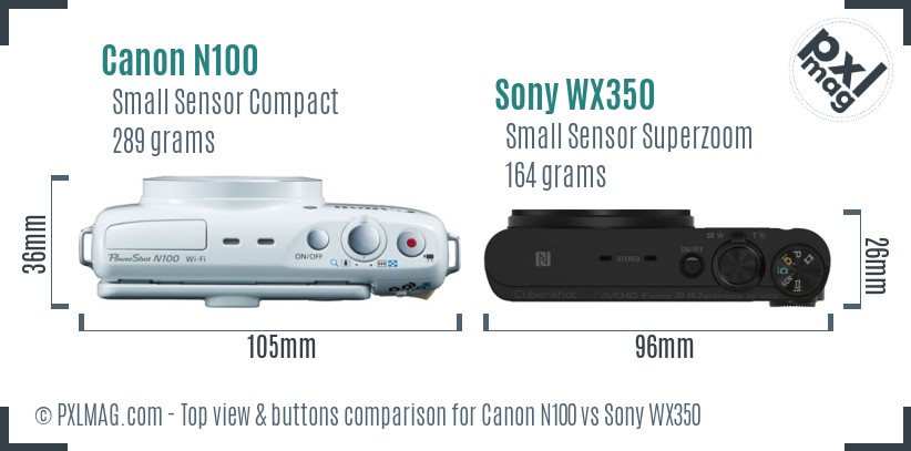 Canon N100 vs Sony WX350 top view buttons comparison