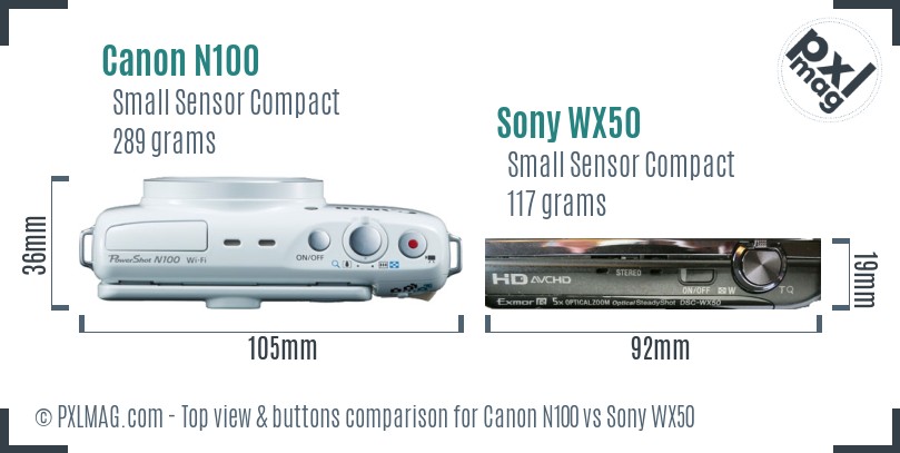 Canon N100 vs Sony WX50 top view buttons comparison
