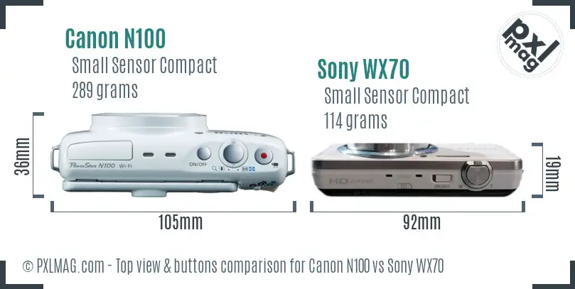 Canon N100 vs Sony WX70 top view buttons comparison