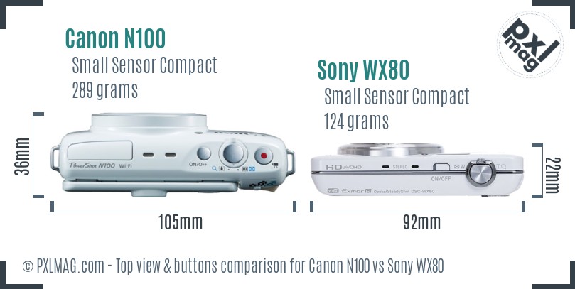Canon N100 vs Sony WX80 top view buttons comparison