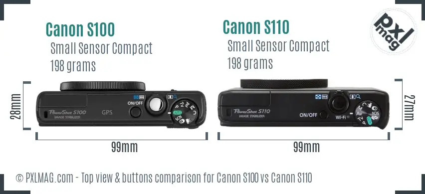Canon S100 vs Canon S110 top view buttons comparison