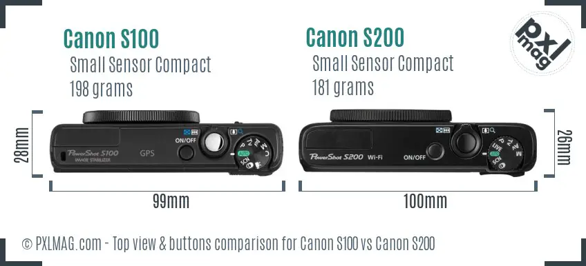 Canon S100 vs Canon S200 top view buttons comparison