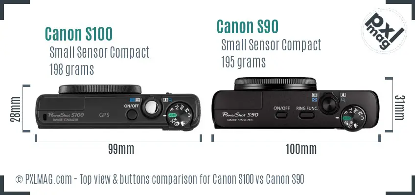 Canon S100 vs Canon S90 top view buttons comparison