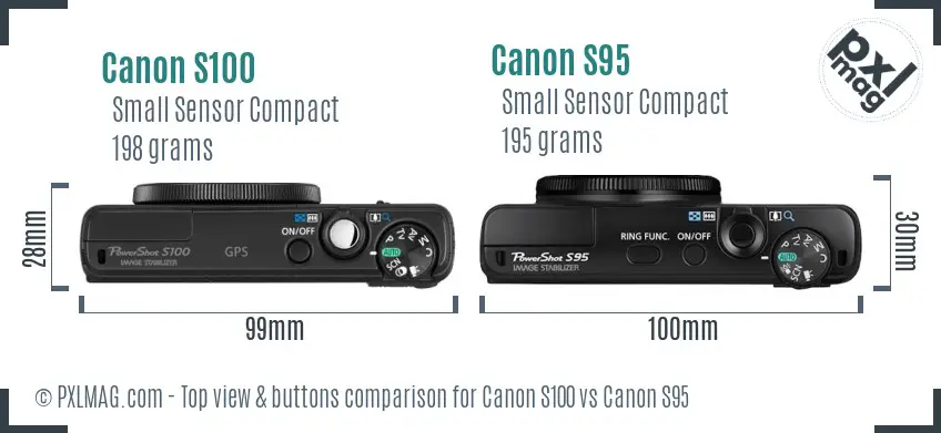 Canon S100 vs Canon S95 top view buttons comparison