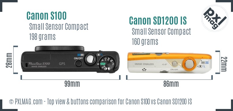 Canon S100 vs Canon SD1200 IS top view buttons comparison