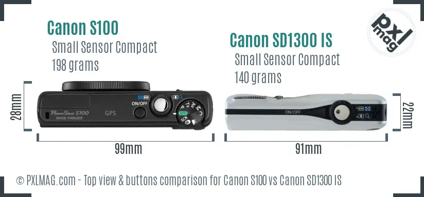 Canon S100 vs Canon SD1300 IS top view buttons comparison