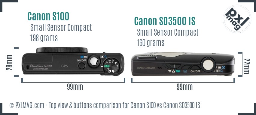 Canon S100 vs Canon SD3500 IS top view buttons comparison