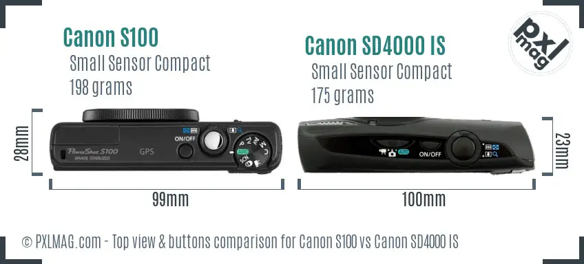 Canon S100 vs Canon SD4000 IS top view buttons comparison