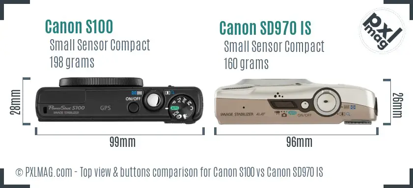 Canon S100 vs Canon SD970 IS top view buttons comparison