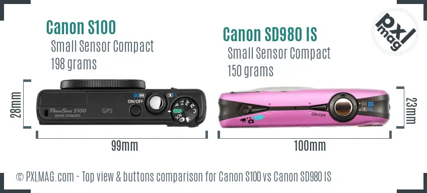 Canon S100 vs Canon SD980 IS top view buttons comparison