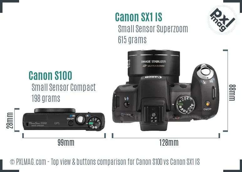 Canon S100 vs Canon SX1 IS top view buttons comparison Canon S100 vs Canon SX1 IS top view buttons comparison