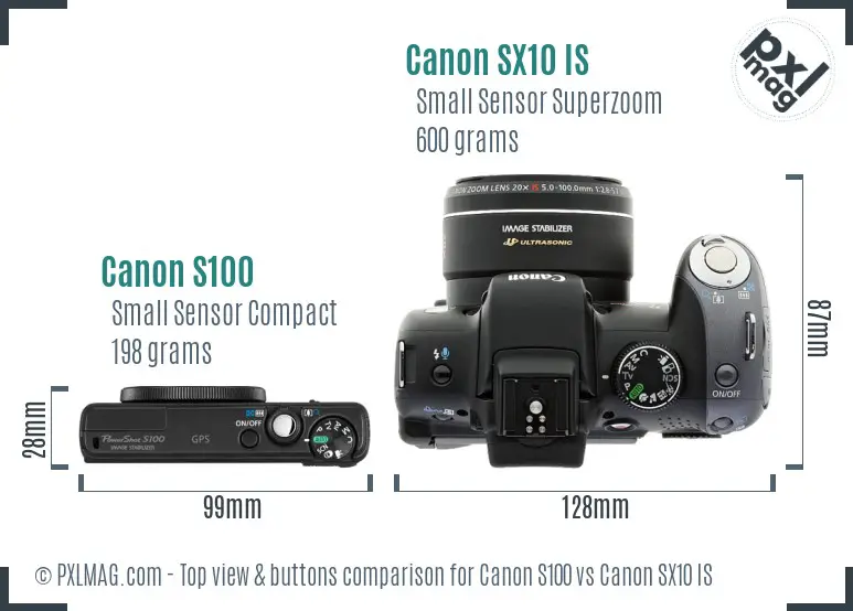 Canon S100 vs Canon SX10 IS top view buttons comparison Canon S100 vs Canon SX10 IS top view buttons comparison