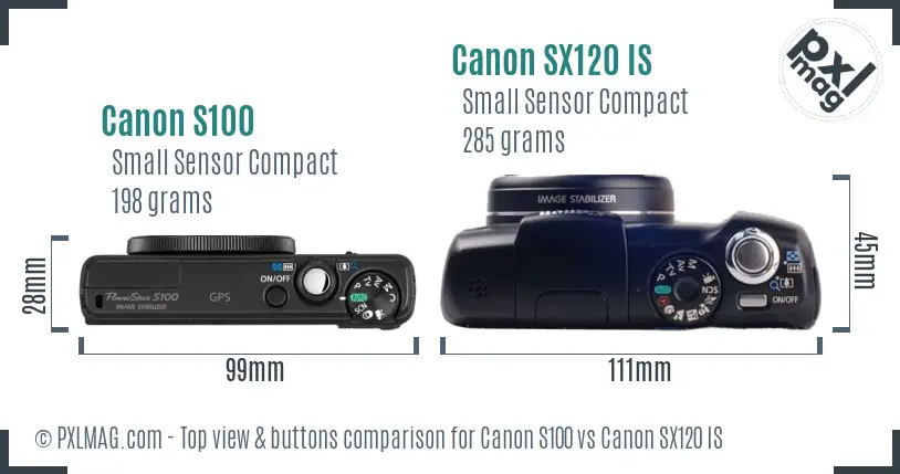 Canon S100 vs Canon SX120 IS top view buttons comparison