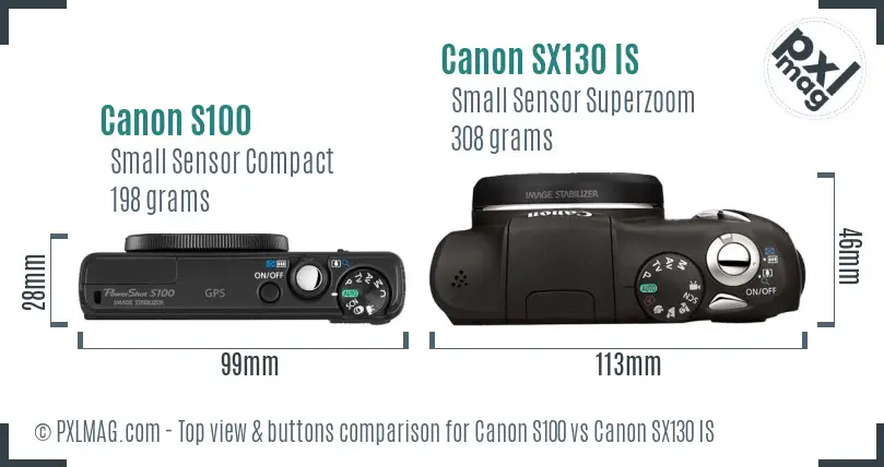 Canon S100 vs Canon SX130 IS top view buttons comparison