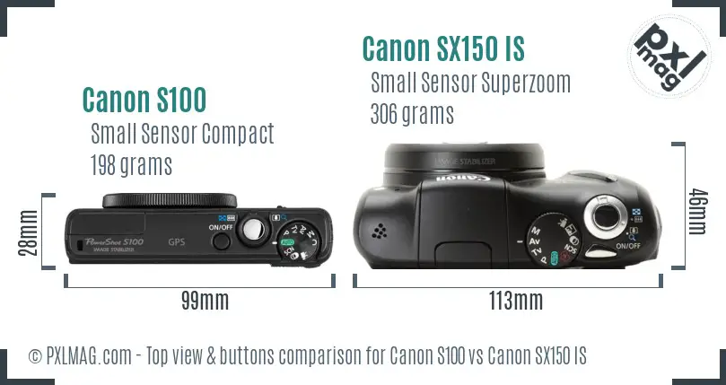 Canon S100 vs Canon SX150 IS top view buttons comparison
