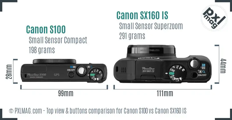 Canon S100 vs Canon SX160 IS top view buttons comparison
