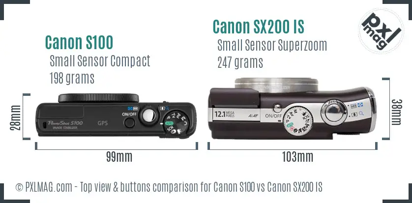 Canon S100 vs Canon SX200 IS top view buttons comparison Canon S100 vs Canon SX200 IS top view buttons comparison