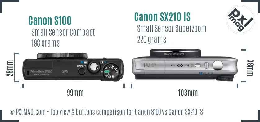 Canon S100 vs Canon SX210 IS top view buttons comparison