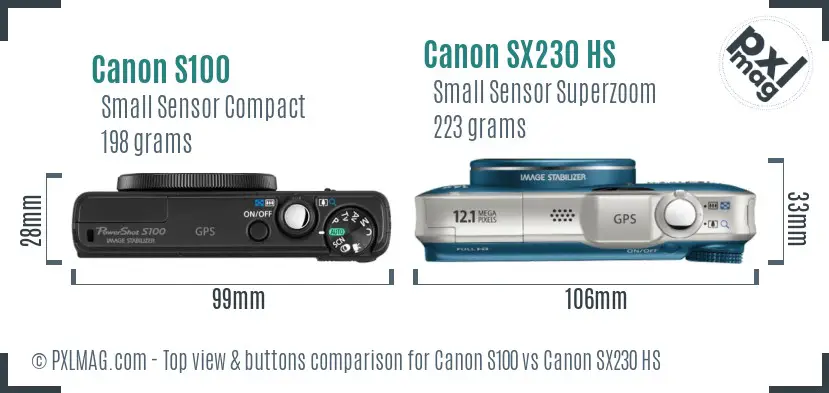 Canon S100 vs Canon SX230 HS top view buttons comparison