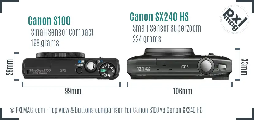 Canon S100 vs Canon SX240 HS top view buttons comparison