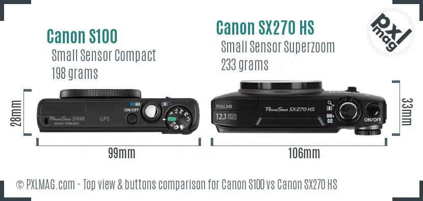 Canon S100 vs Canon SX270 HS top view buttons comparison