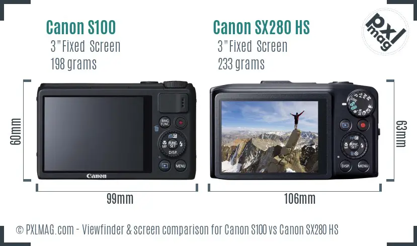 Canon S100 vs Canon SX280 HS Screen and Viewfinder comparison