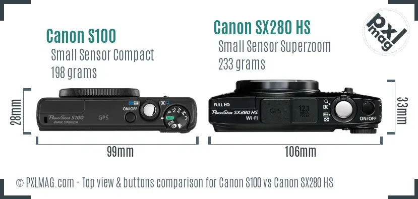 Canon S100 vs Canon SX280 HS top view buttons comparison