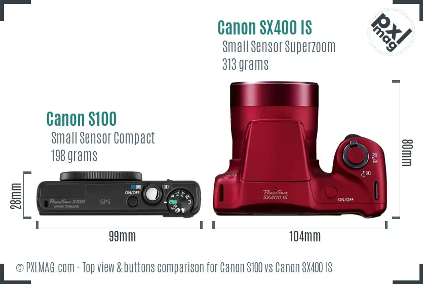 Canon S100 vs Canon SX400 IS top view buttons comparison